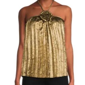 Stellah Metallic Gold Pleated Halter Camisole with Rosette Accent